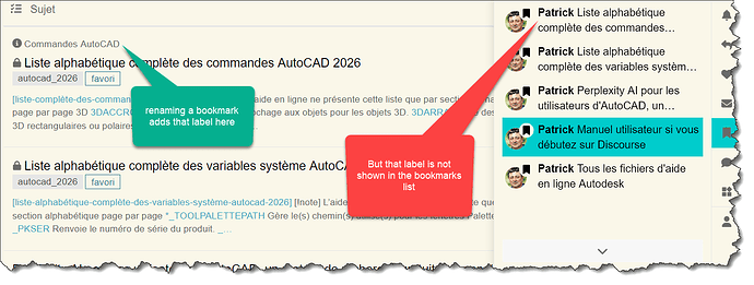 L'immagine mostra uno schermo di computer che visualizza un elenco di segnalibri Autocad con una freccia rossa che punta a un'etichetta nascosta e sovrapposizioni di testo che indicano un commento sulla mancanza di visibilità di tale etichetta nei segnalibri. (Didascalia dell'IA)