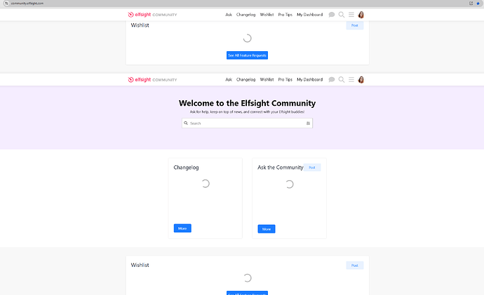 La imagen muestra una página web de la Comunidad Elfsight, con secciones para solicitudes de funciones, registro de cambios, lista de deseos y una barra de búsqueda. (Subtitulado por IA)