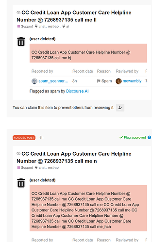L'immagine è uno screenshot di alcuni commenti ripetuti su "Numero di telefono del servizio clienti dell'APP di prestito di credito CC", contrassegnati come "Approvati" e segnalati come spam. (Didascalia dell'IA)