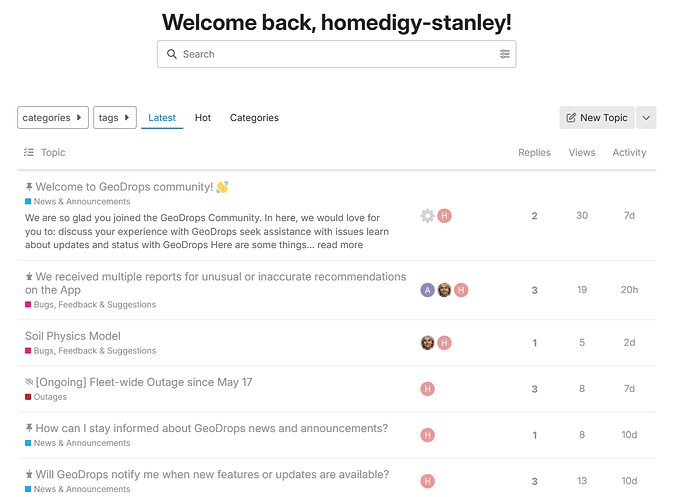 This image is a screenshot of a GeoDrops community discussion board displaying various topics related to bugs, feedback, announcements, and staying updated. (Captioned by AI)