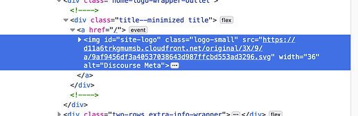 此图片显示了一个包含 HTML 标记的代码片段，其中包含一个带有图片的 div 元素，该图片用作带有“Discourse Meta”文本的网站徽标。（由 AI 标注）