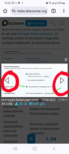AI 标注：图片显示了移动设备查看“meta.discourse.org”网站的屏幕截图，重点关注有关处理失败付款的部分，并标注了用户界面中的元素。 (AI 标注)
