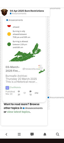 Das Bild ist ein Screenshot einer mobilen App, die Verbrennungsbeschränkungen in Nova Scotia am 4. April 2025 zeigt, mit Angaben, wann das Verbrennen erlaubt ist, und einem historischen Brandverlauf vom 20. März 2025 vom Nova Scotia Fire Service. (Beschriftet von KI)