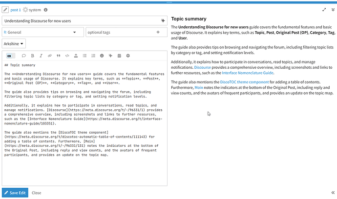 La imagen muestra una captura de pantalla de una página web con una guía detallada titulada "Entendiendo Discourse para nuevos usuarios" que explica términos clave, usos de Discourse, navegación y temas del foro, y recursos adicionales como la Guía de Nomenclatura de Interfaz y el componente temático DiscotOC para agregar una tabla de contenido. (Subtitulado por IA)
