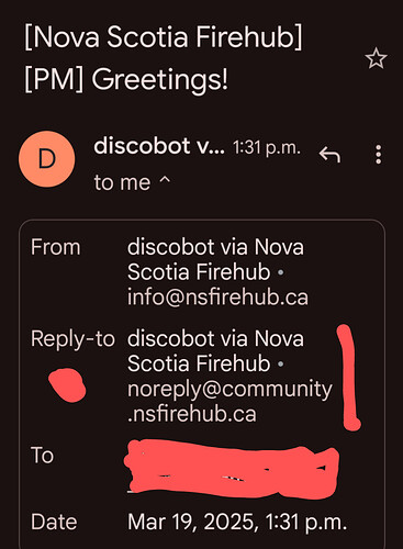 L'image est une capture d'écran d'une notification par e-mail de Nova Scotia Firehub avec le sujet « Salutations ! » et est signée avec la date et l'heure en rouge. (Légendé par l'IA)