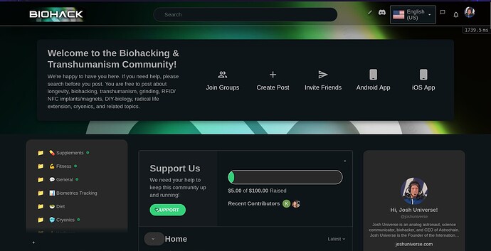 La imagen es una página web de la comunidad "Biohacking & Transhumanism", que presenta opciones de navegación, un mensaje de bienvenida, pestañas para contribuciones de apoyo y un usuario llamado Josh Universe. (Subtitulado por IA)