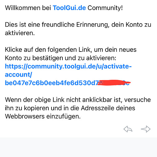 Esta imagen muestra una notificación de Toolgui.de Community, invitando a los usuarios a activar sus cuentas con un enlace. (Subtitulada por IA)