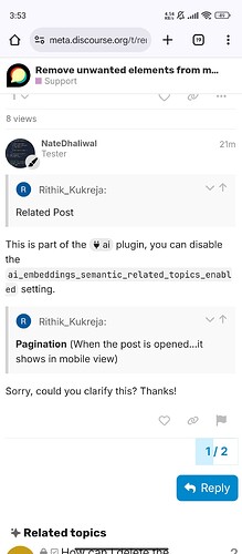 A imagem é uma postagem de fórum do Discord onde um usuário está perguntando como desativar a paginação de tópicos relacionados na visualização móvel, com um tópico incluindo uma visualização grande e discutindo embeddings de IA da web. (Legenda por IA)