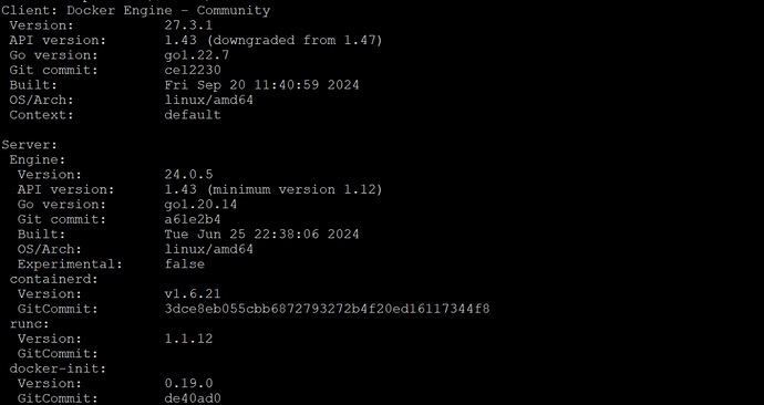 L'immagine mostra uno sfondo nero con testo bianco che dice "Client: Docker Engine - Community" e elenca diverse versioni e configurazioni del Docker Engine. (Didascalia dell'IA)