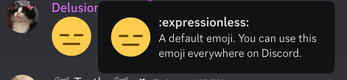 The image displays a Discord user named Delusior sending the :expressionless: emoji, which is described as a default emoji that can be used anywhere on Discord. (Captioned by AI)