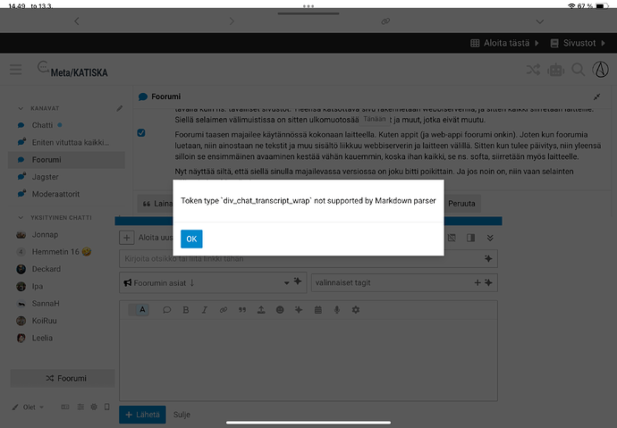 Un usuario intenta editar texto en formato markdown en un foro pero encuentra un mensaje de error que indica que el estilo "div_chat_transcript_wrap" no es compatible. (Subtítulo generado por IA)