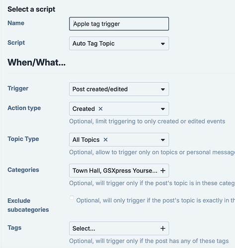 A imagem mostra uma tela de configuração para um sistema 'Apple tag trigger' com opções de seleção, acionamento de posts criados ou editados, por tópico e categorias, e tags. (Legenda por IA)