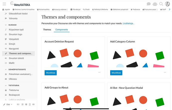 L'image affiche une interface de site Discord personnalisable proposant des thèmes et des composants tels que Demande de suppression de compte, Ajouter une colonne de catégorie, Ajouter des groupes à propos et Modale de nouvelle question pour bot IA. (Légende générée par IA)