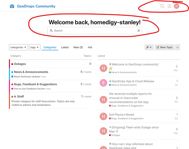 Das Bild zeigt ein GeoDrops Community-Dashboard mit einer Willkommensnachricht „Willkommen zurück, homedigy-stanley!“ in Rot eingekreist. (Beschriftet von KI)
