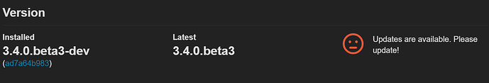 La imagen muestra que la versión instalada del software es 3.4.0.beta3-dev con una versión enlazada, pero hay actualizaciones disponibles para la versión 3.4.0.beta3 y solicita actualizar. (Subtitulado por IA)