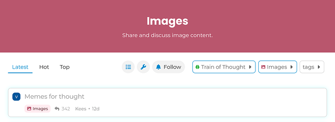 This is a screenshot of a social media image interface, displaying the title 'Images' and options to share and discuss image content, with a post titled 'Memes for thought' showing '342 images' and 'Kees' posted '12 days' ago. (Captioned by AI)