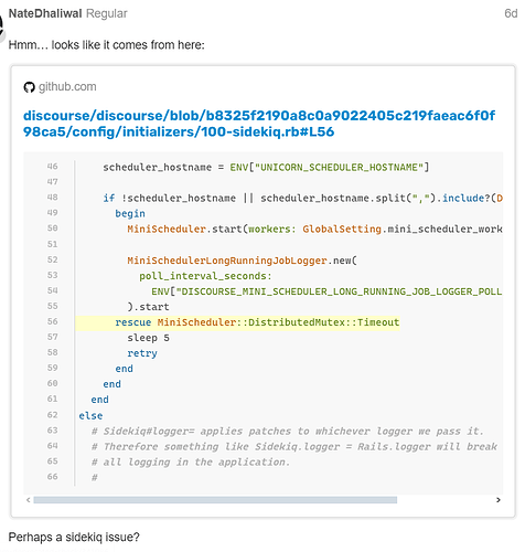 La imagen muestra un fragmento de código del repositorio de GitHub "discourse" que contiene código relacionado con el planificador de trabajos de Sidekiq, con una pregunta sobre si podría ser un problema de Sidekiq. (Subtitulado por IA)