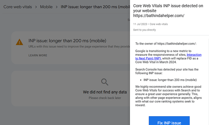 Das Bild ist eine Benachrichtigung von der Google Search Console, die ein Problem mit den Core Web Vitals INP mit einer mobilen Leistungsmetrik von mehr als 200 ms anzeigt und Website-Betreiber auffordert, das Problem zu beheben, um eine bessere Benutzererfahrung und SEO zu erzielen. (Beschriftet von KI)
