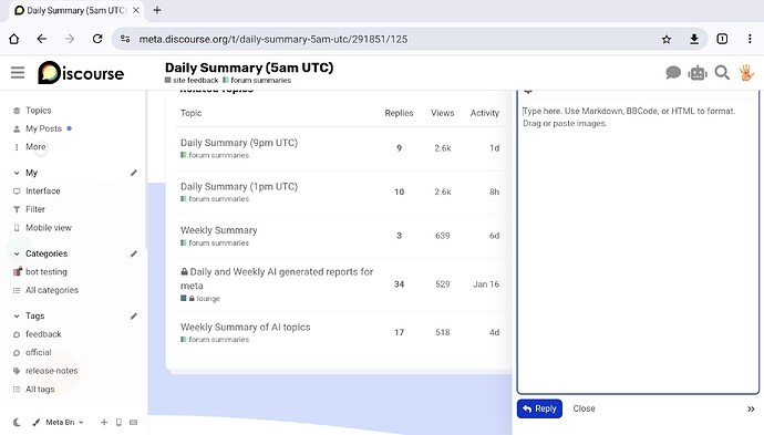 La capture d'écran montre une interface d'ordinateur, plus précisément un navigateur Web avec un forum Discourse ouvert, affichant une page de publications de résumé quotidien ainsi que des commentaires d'utilisateurs et des éléments d'interface tels que des listes de catégories, des barres de recherche et des profils d'utilisateurs. (Légendé par l'IA)