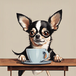 A chihuahua savoring a cup of espresso, eyes closed in delight, seated at a small cafe table