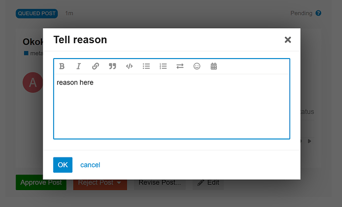 The image shows a computer screen with a pop-up window displaying a text field for a message with an 'OK' button next to a 'Cancel' button.  (Captioned by AI)