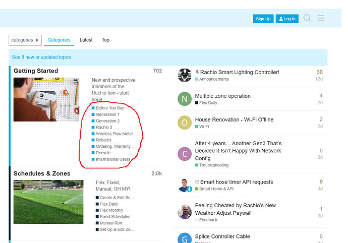 La schermata mostra una pagina di Reddit con vari sottoforum nella sezione "Per iniziare" incentrati su argomenti come Rachio farming e pianificazioni, con post che vanno dagli annunci alle esperienze degli utenti. (Didascalia dell'IA)