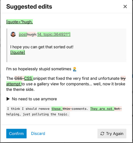 Cette image représente une capture d'écran d'une vue de suggestion de résolution dans un outil d'édition, mettant en évidence des modifications de texte spécifiques pour un article avec une section citée. (Légendé par l'IA)