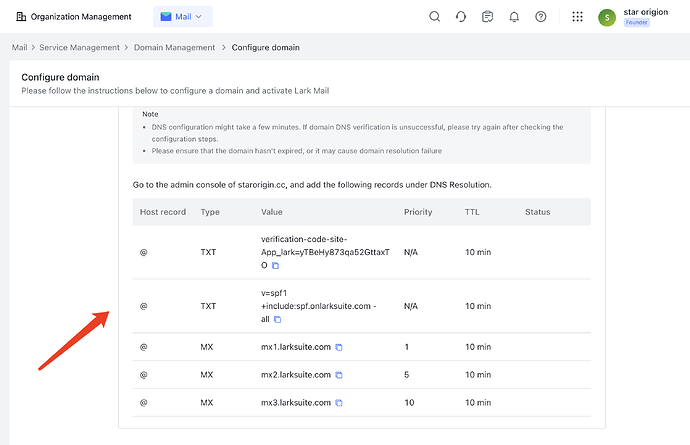 L'image est une capture d'écran d'une interface de gestion de domaine, affichant les enregistrements TTL pour la configuration des paramètres DNS pour un compte Lark Mail. (Titre généré par l'IA)