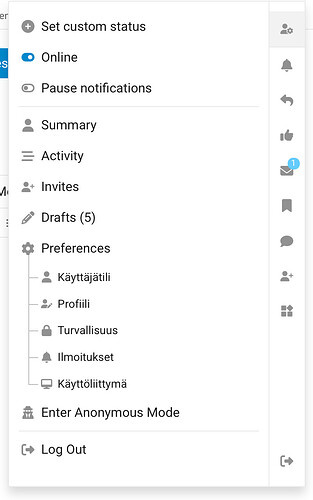A imagem mostra um menu suspenso com opções como "Definir status personalizado", "Online", "Pausar notificações", "Resumo", "Atividade" e "Preferências" com subopções focadas em configurações de privacidade e perfil. (Legenda da IA)
