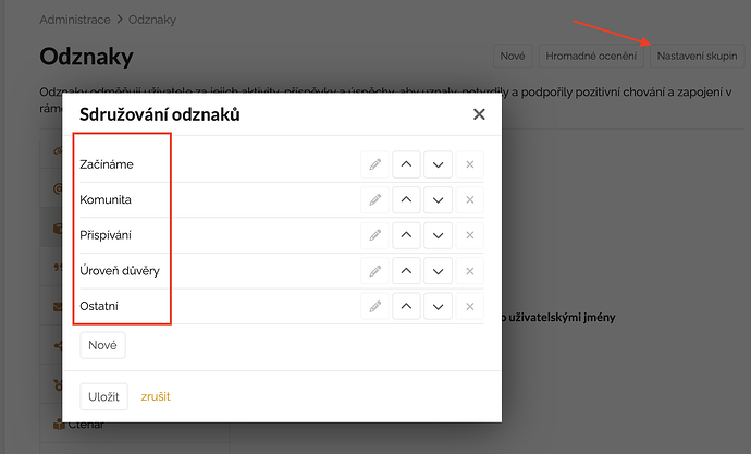 The image shows a dropdown menu titled "Sdružování odznaků" with options such as "Začínáme," "Komunita," "Přispívání," "Úroveň důvěry," and "Ostatní," along with buttons for "Uložit" and "Zrušit" at the bottom. (Captioned by AI)