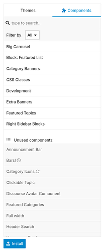 L'image est une capture d'écran d'une interface de composants logiciels pour un thème, listant les composants disponibles tels que "Grand Carrousel", "Bannières de Catégorie" et "Classes CSS". (Légendé par l'IA)