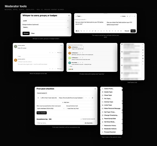 Инструменты модератора: выбор получателя шёпота, активированный шёпот, частные заметки, оповещения персонала, чек-лист первого поста, меню гаечного ключа