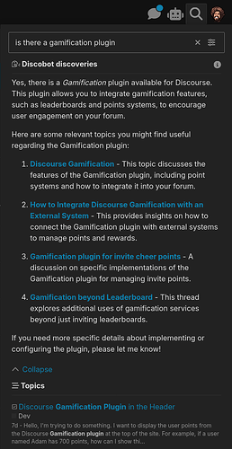 La imagen muestra una interfaz de búsqueda donde un usuario preguntó sobre un plugin de gamificación, y Discobot proporcionó una respuesta completa con información sobre las características del plugin y enlaces a temas relevantes.