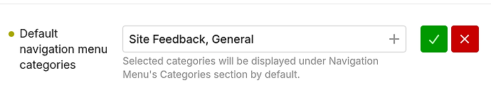 Categorias padrão do menu de navegação com Site Feedback e General selecionadas