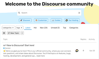 Ein Screenshot zeigt die Benutzeroberfläche der Online-Forum-Plattform Discourse, die ihre Suchleiste, Kategorienavigation und eine Willkommensnachricht für neue Benutzer zeigt. (Beschriftet von KI)