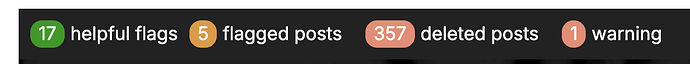 Das Bild zeigt ein Benutzerprofil mit 17 hilfreichen Markierungen, 5 markierten Beiträgen, 357 gelöschten Beiträgen und 1 Warnung. (Beschriftet von KI)