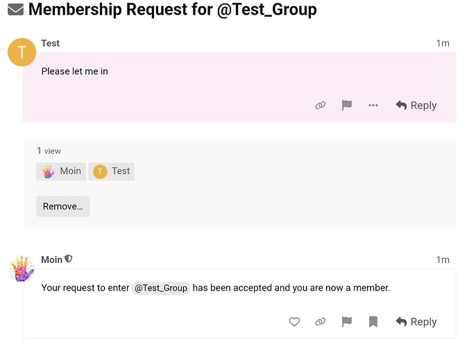 A imagem mostra uma captura de tela de uma conversa de mensagem de texto com a linha de assunto "Solicitação de associação para @TestGroup". (Legenda da IA)
