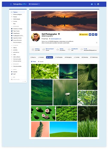 La imagen muestra un perfil de red social para Dell Photographer, que exhibe contenido temático de la naturaleza con fotografía, como paisajes y vida vegetal, junto con la interfaz y las opciones de navegación del perfil. (Subtitulado por IA)