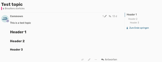 Discourse-Thema mit dem Titel „Test Topic“, dem Text „This is a test topic“ und drei darauffolgenden Überschriften. Rechts wird eine Liste der im Thema enthaltenen Überschriften angezeigt