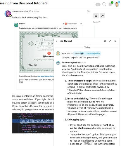 The image is a conversation showing steps for finalizing a tutorial for achieving a certificate with code modifications and debugging tips in Discobot, problems with iframe visibility, and how to inspect webpage source. (Captioned by AI)