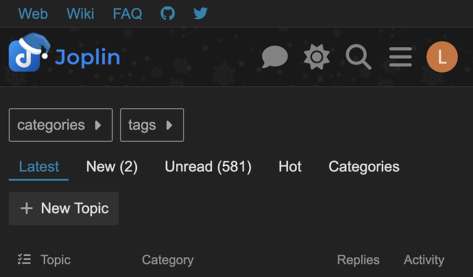 Uno screenshot di un'interfaccia di forum che mostra categorie, tag, argomenti non letti e opzioni per aggiungere un nuovo argomento o vedere risposte e attività. (Sottotitolato dall'IA)