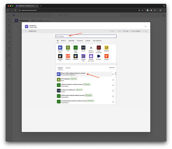 Buscar "webhook" y seleccionar "Cuando se recibe una solicitud de webhook de Teams".
