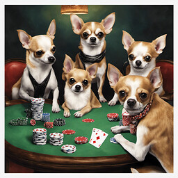 Four chihuahuas playing poker