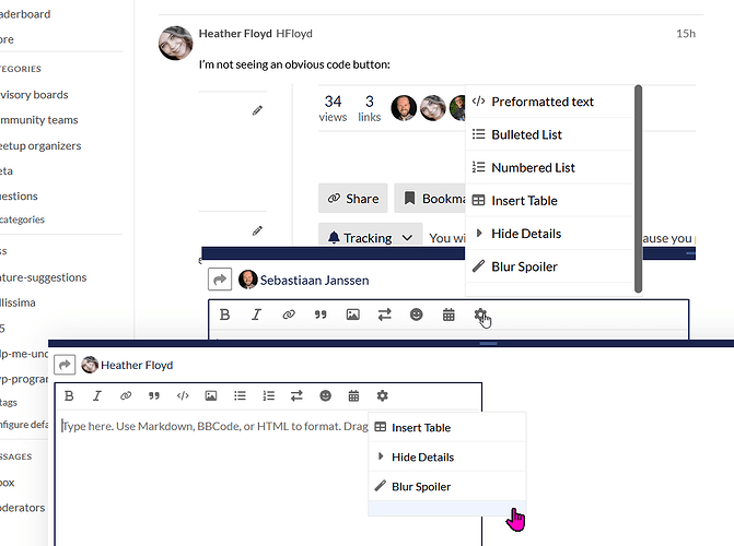 The image shows an interface where a user is editing a message, suggesting code should be included, and the cursor is hovering over a "Blur Spoiler" button. (Captioned by AI)