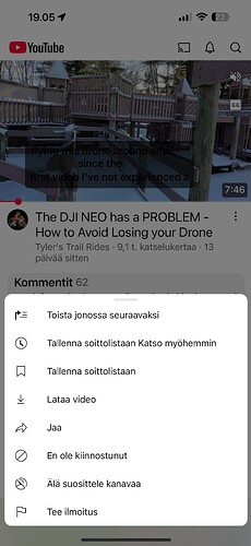 Das Bild zeigt ein YouTube-Video mit dem Titel „Der DJI NEO hat ein PROBLEM – So vermeiden Sie den Verlust Ihrer Drohne“ von Tyler's Trail Rides, abgespielt auf einem Mobilgerät, mit Kommentaren und Optionen unten. (Beschriftet von KI)