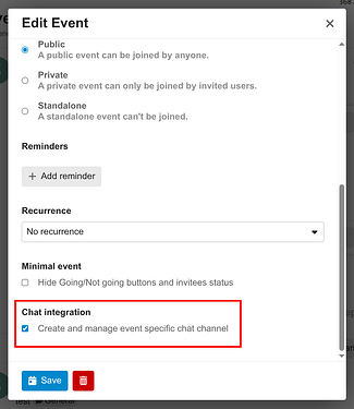 A imagem mostra as configurações de Editar Evento em um aplicativo, com Público selecionado e Integração de chat habilitada para criar e gerenciar um canal de chat específico do evento. (Legenda por IA)