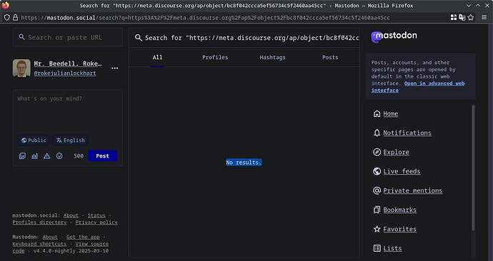 На изображении показан веб-браузер, отображающий интерфейс Mastodon — платформы микроблогов, похожей на Twitter, где пользователь может искать контент или публиковать обновления. (Подпись сгенерирована ИИ)