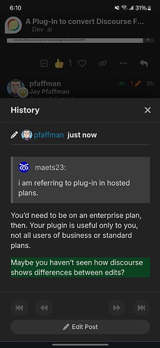 Una notificación de Discord muestra a un usuario llamado pfaffman respondiendo a un mensaje que publicó hace 8 horas, discutiendo el beneficio de un complemento para planes alojados. (Subtitulado por IA)