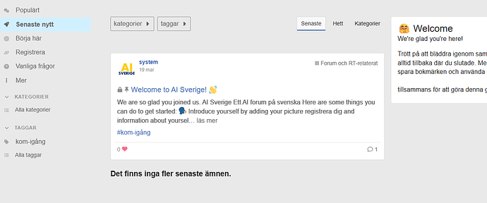 La imagen muestra una captura de pantalla del sitio web AI Sverige, que parece ser un foro para discusiones relacionadas con la IA en sueco. (Subtitulado por IA)