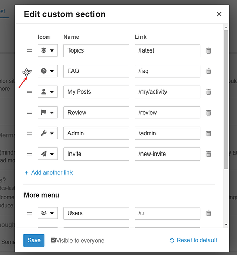 The image shows an "Edit custom section" interface highlighting icon menu options like "Topics," "FAQ," "My Posts," "Review," "Admin," "Invite," and "Users" with delete and link functionalities. (Captioned by AI)